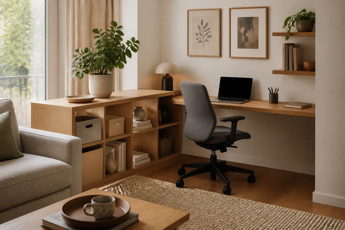 Coin bureau installé perpendiculairement à une fenêtre dans un salon lumineux, plateau en bois clair et siège réglable
