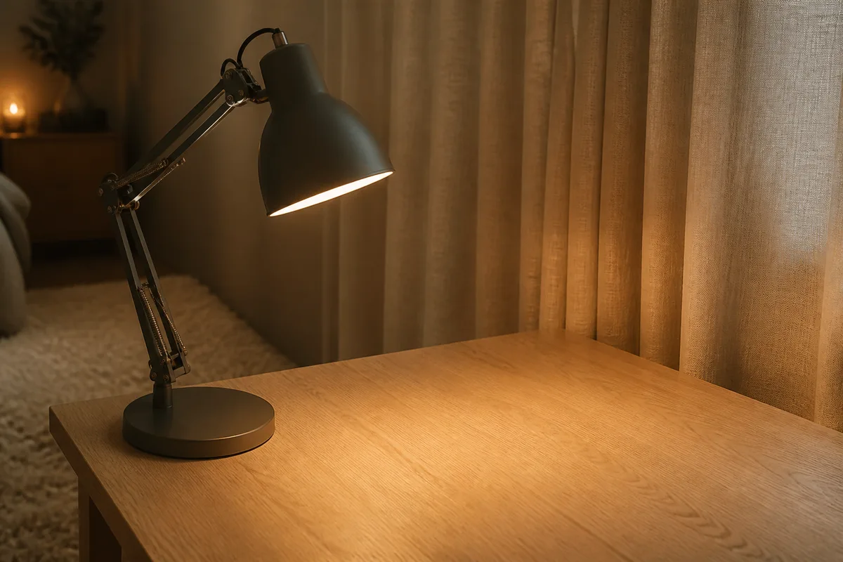 Lampe d&rsquo;appoint orientable éclairant un plateau de bureau en bois, rideaux épais et tapis absorbant le bruit