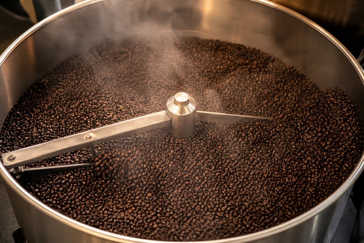 Grains de café italiens torréfiés brun foncé dans la cuve de refroidissement d&rsquo;un torréfacteur artisanal