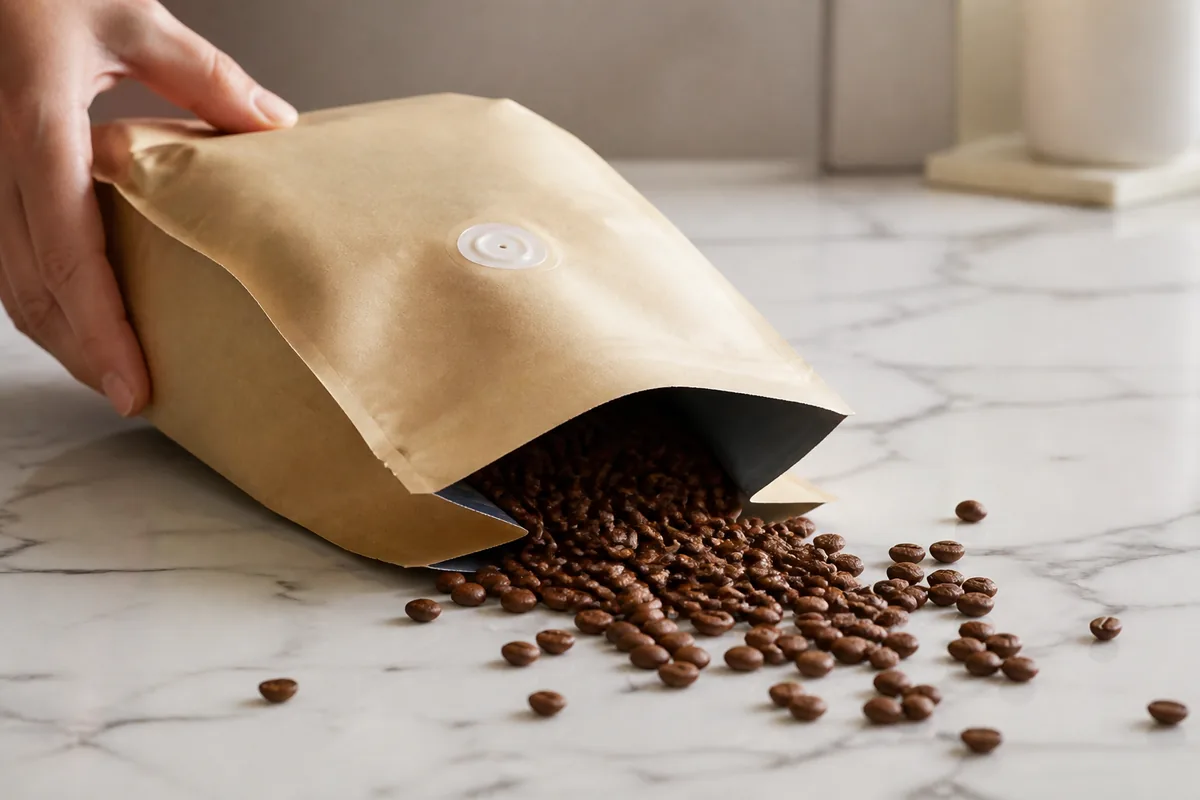Sachet de café en grains ouvert, valve de dégazage visible, posé sur un plan de travail en marbre clair