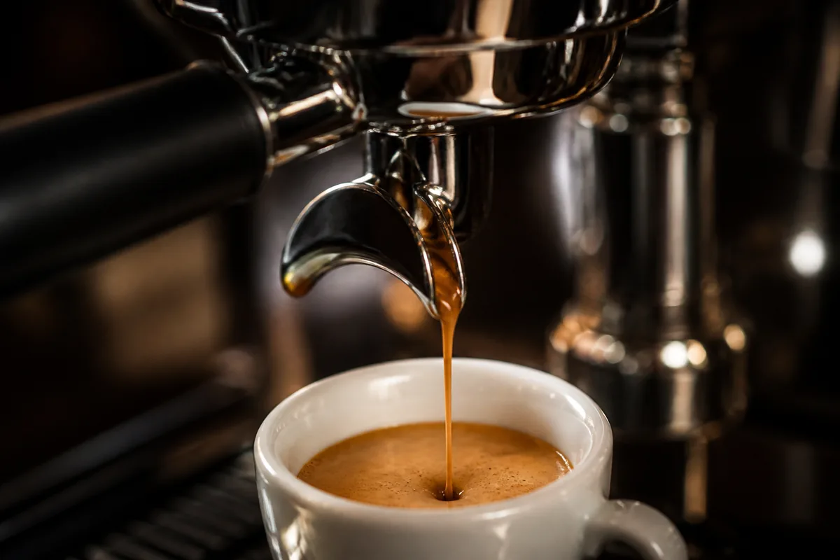 Extraction d&rsquo;un espresso sur machine à levier, filet de café brun et crema noisette coulant dans une tasse blanche