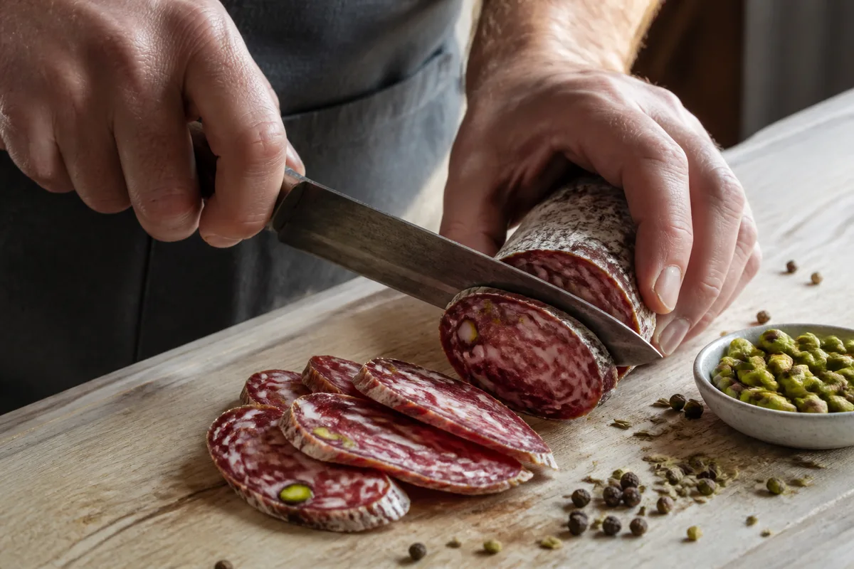 Tranches épaisses de salami sicilien et graines de fenouil sur une planche en bois clair