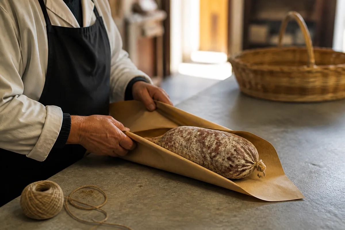 Mains enveloppant un morceau de saucisson entier dans du papier brun uni sur un comptoir de pierre