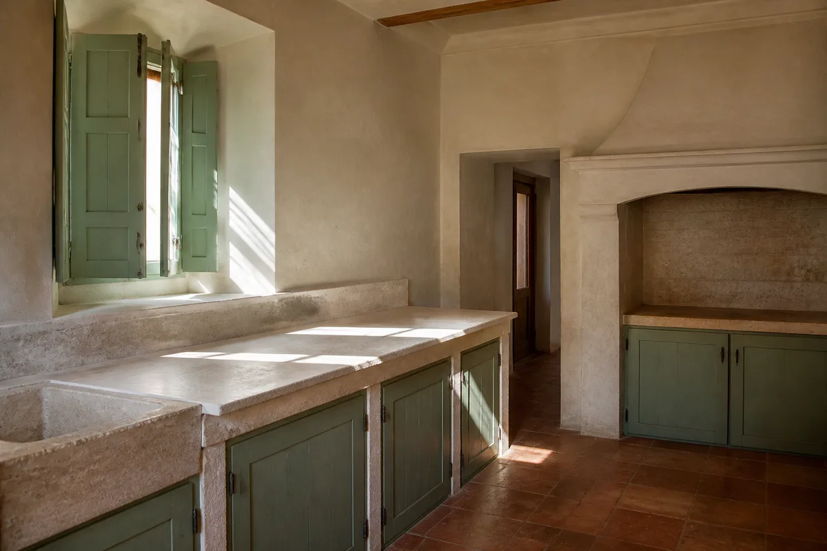 Cuisine méditerranéenne vide baignée de pénombre, volets de bois mi-clos et plan de travail nu