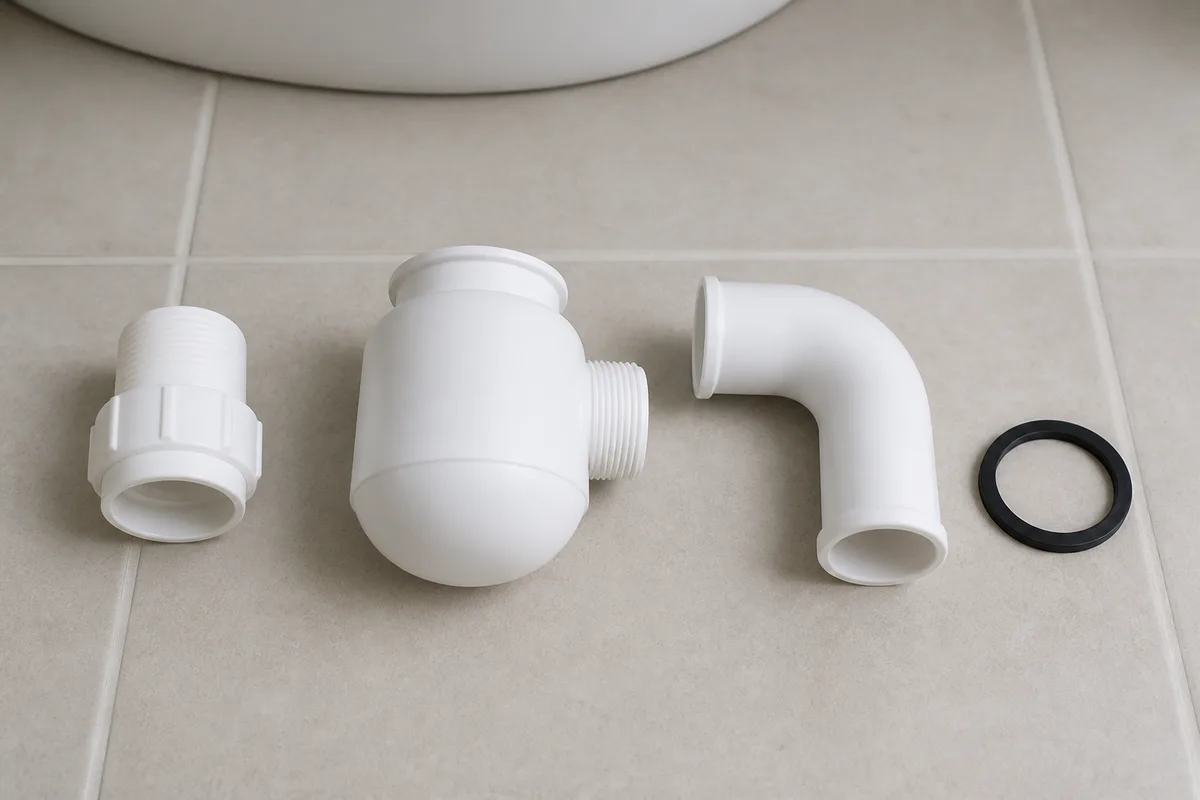 Siphon de lavabo en PVC blanc démonté et posé sur un carrelage clair, éclairage doux de salle de bains