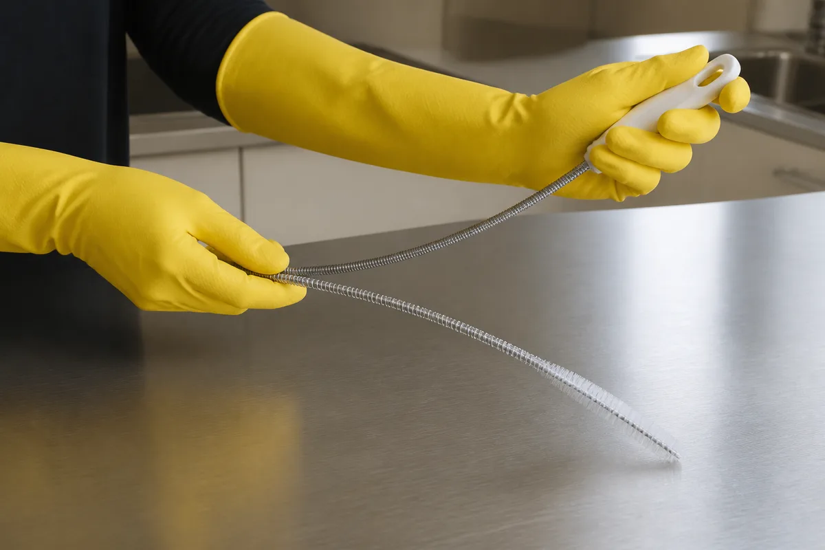 Mains gantées tenant une brosse flexible de plomberie au-dessus d’un plan de travail nu en inox brossé