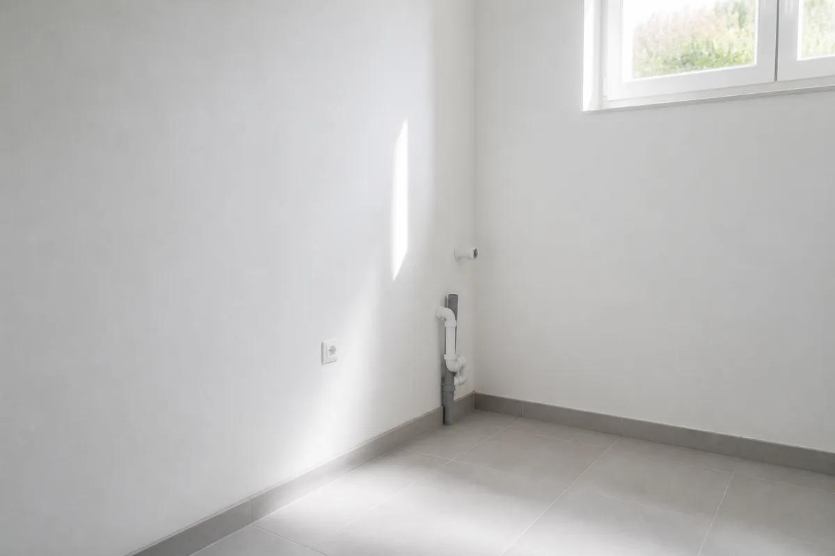 Buanderie française lumineuse et vide, murs blancs, sol carrelé gris clair, lumière naturelle latérale