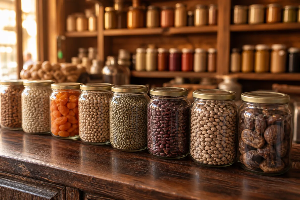 Comptoir d’épicerie italienne en bois sombre garni de bocaux de verre