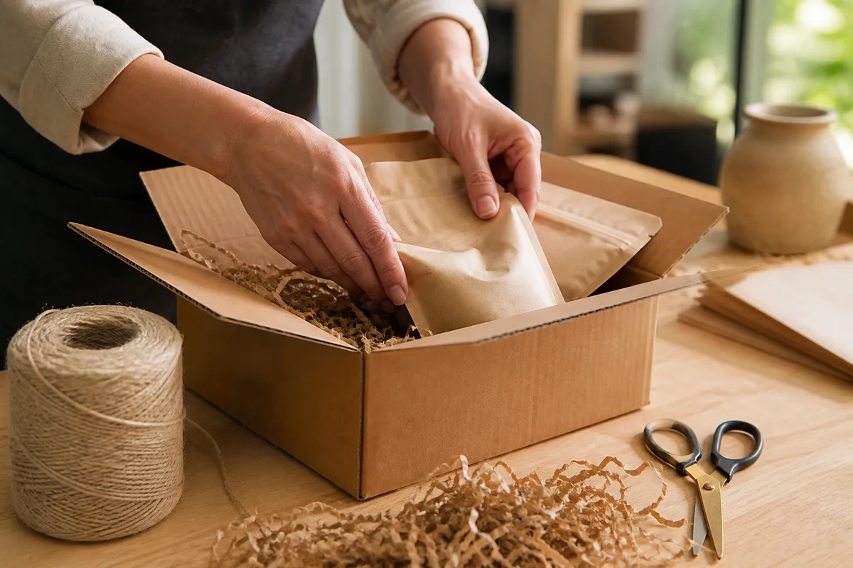 Mains disposant des sachets de papier kraft dans un carton ouvert sur un plan de travail