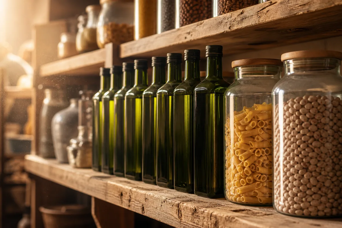 Bouteilles d’huile en verre teinté et bocaux rangés sur une étagère d’atelier en bois brut