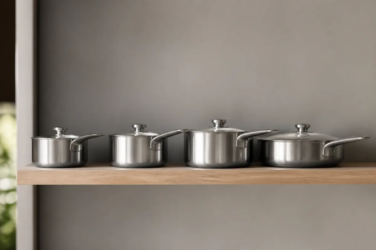 Casseroles et sauteuse en inox brossé alignées sur une étagère murale en bois clair, lumière naturelle latérale