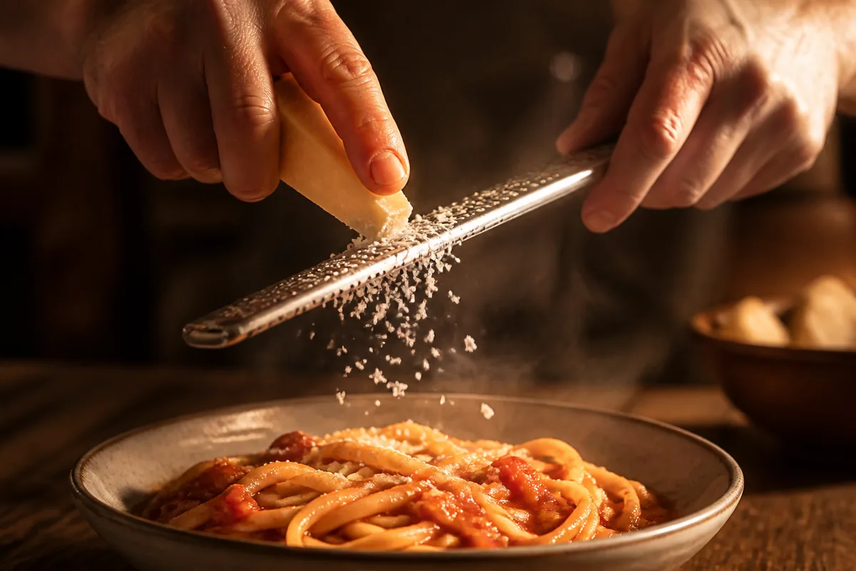 Mains râpant un fromage à pâte dure au-dessus d&rsquo;une assiette de pâtes fumantes, plan rapproché en lumière chaude