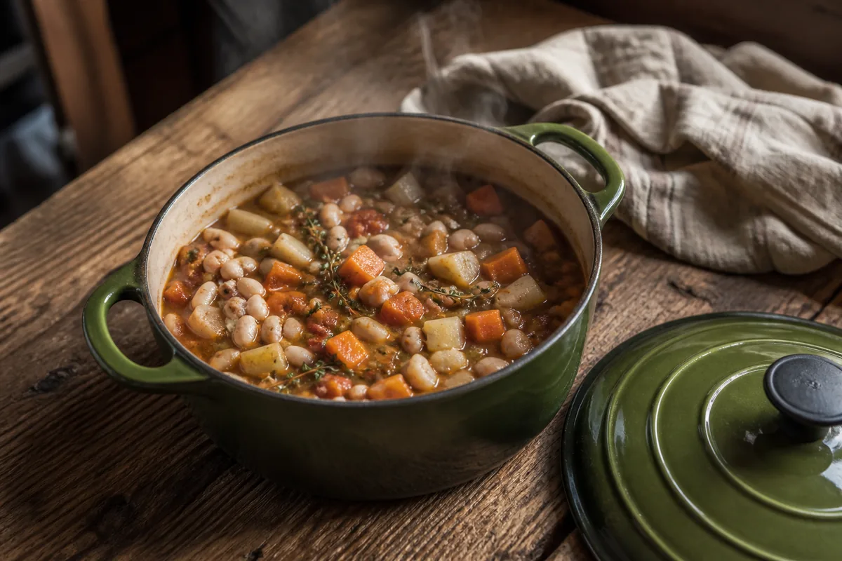 Cocotte en fonte émaillée ouverte sur une table en bois brut, vapeur montant d&rsquo;un ragoût de légumes