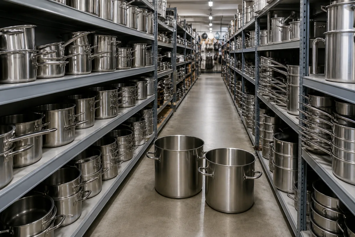 Étal de matériel de cuisine professionnel, empilements de casseroles et grandes marmites en inox sous un éclairage sobre