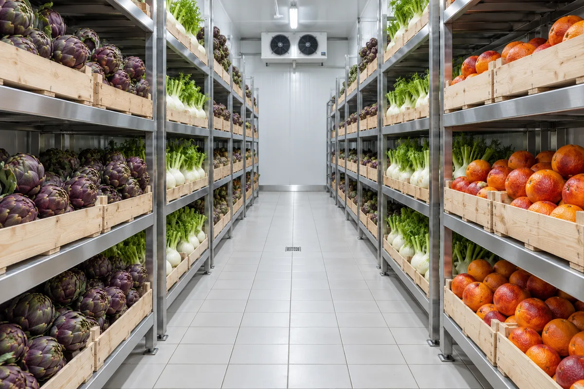 Allée de chambre froide où des caisses d&rsquo;artichauts, de fenouils et d&rsquo;oranges sanguines sont rangées par arrivage