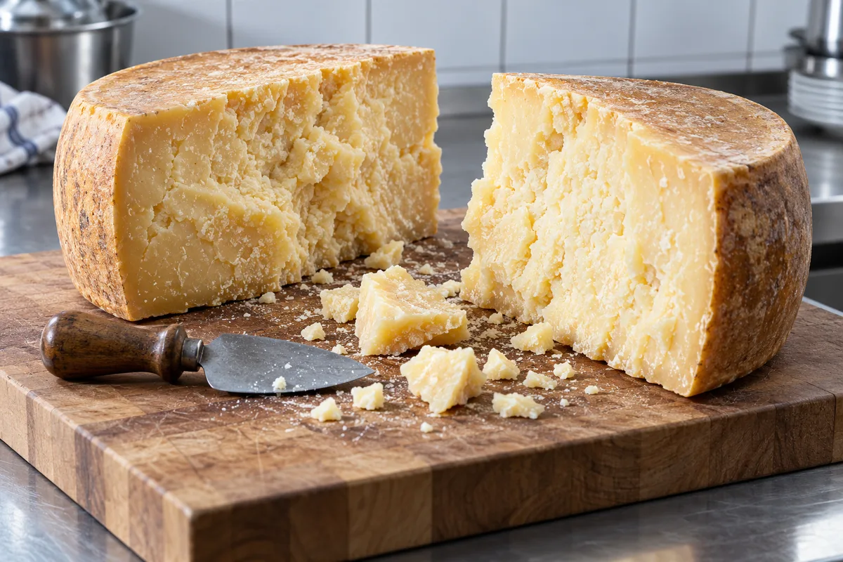 Meule de fromage italien à pâte dure ouverte en deux sur une planche de découpe avant la mise en portions