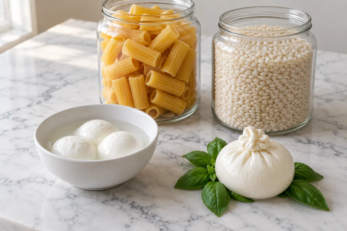 Mozzarella en saumure et burrata à côté de bocaux de pâtes sèches et de riz, deux régimes de dates