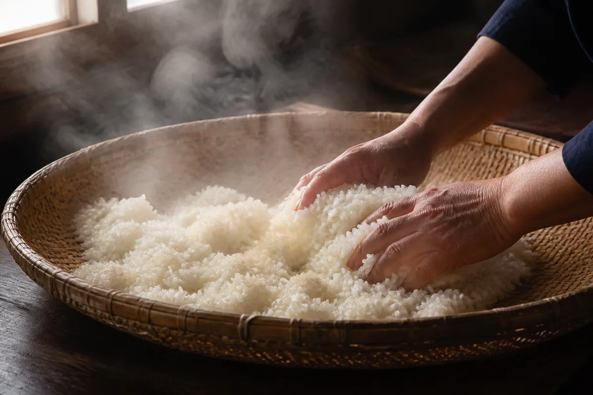 Riz blanc cuit à la vapeur brassé à la main dans un large panier de bambou tressé