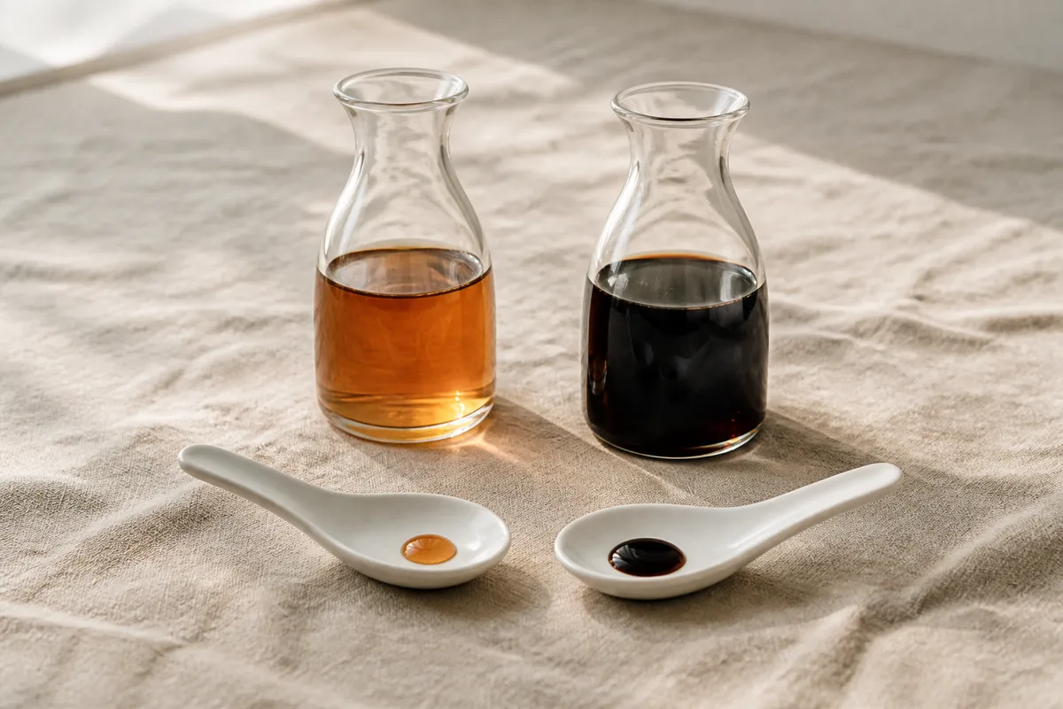 Deux petites carafes de verre lisse contenant un liquide ambré et un liquide brun sirupeux sur une nappe de lin