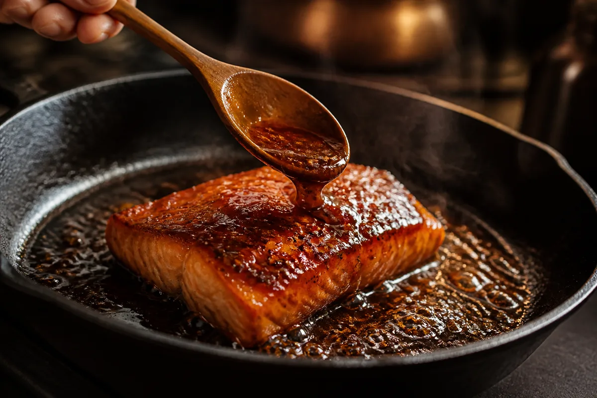 Pavé de saumon nappé d&rsquo;une sauce brune brillante finissant de cuire dans une poêle en fonte noire