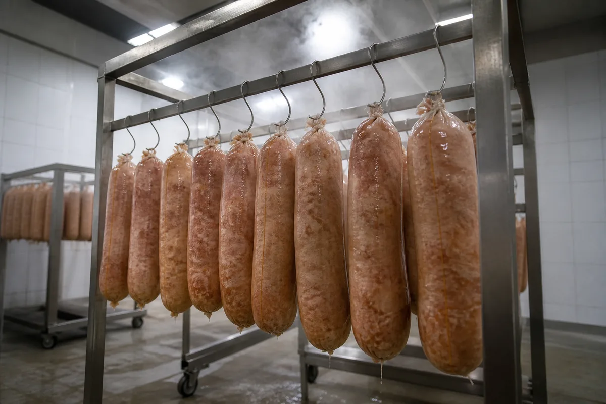 Grandes mortadelles cylindriques suspendues sur un chariot d&rsquo;acier brossé dans un atelier de cuisson