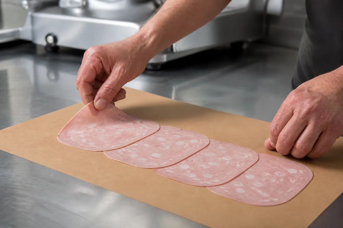 Mains disposant des tranches fines de mortadelle sur une feuille de papier brun uni