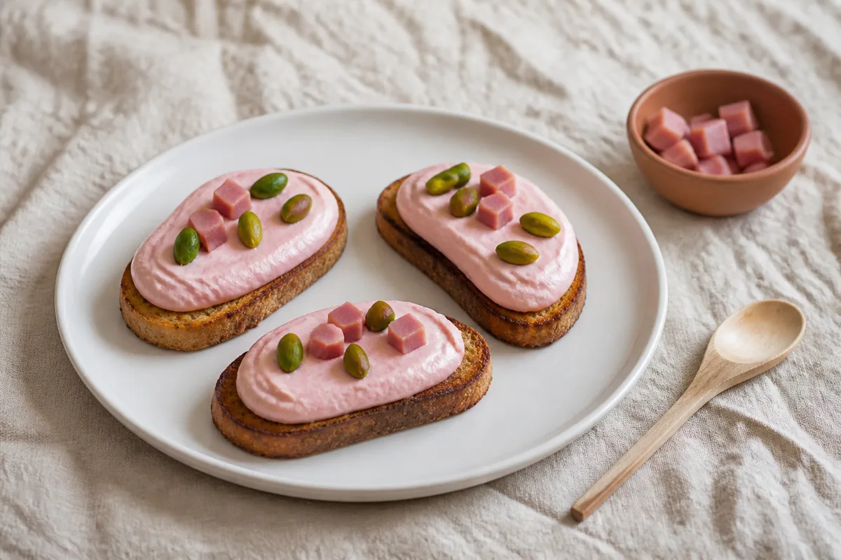 Cubes de mortadelle et mousse rose sur des tranches de pain grillé dans une assiette de céramique unie