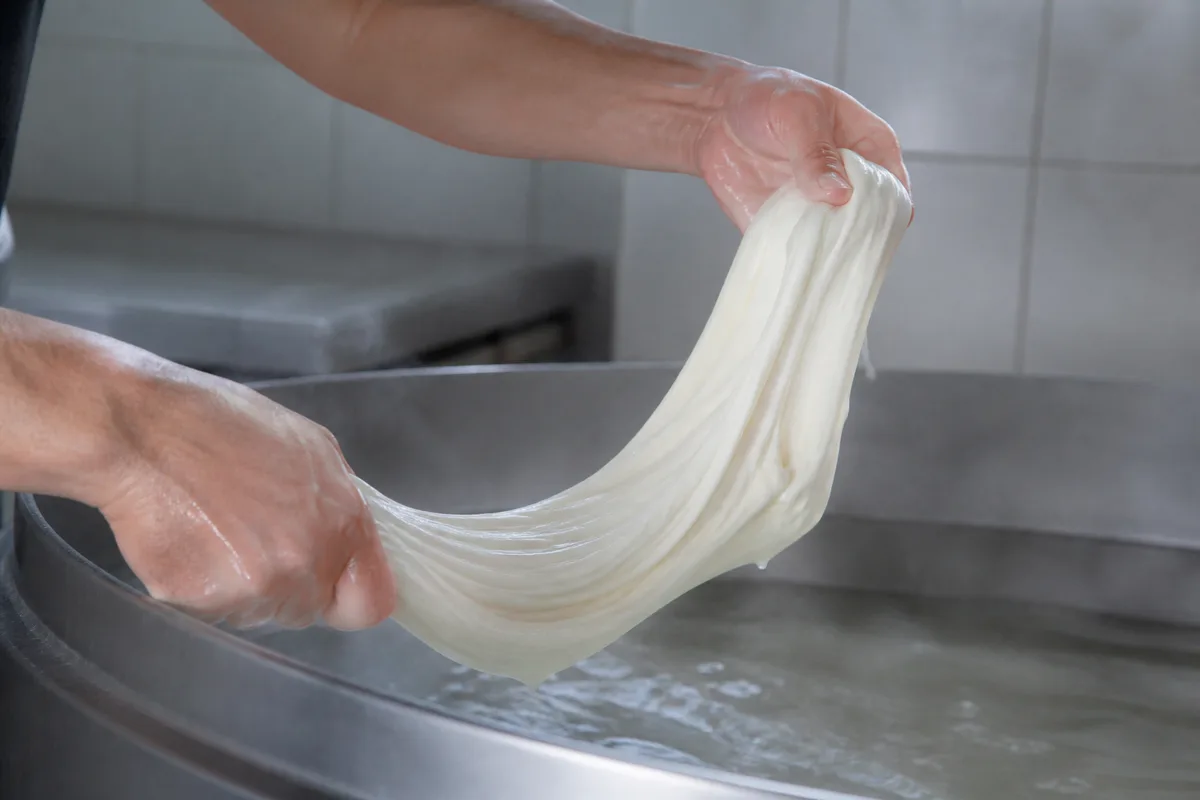 Mains de fromager étirant une pâte filée blanche au-dessus d&rsquo;un bac en acier brossé rempli d&rsquo;eau fumante