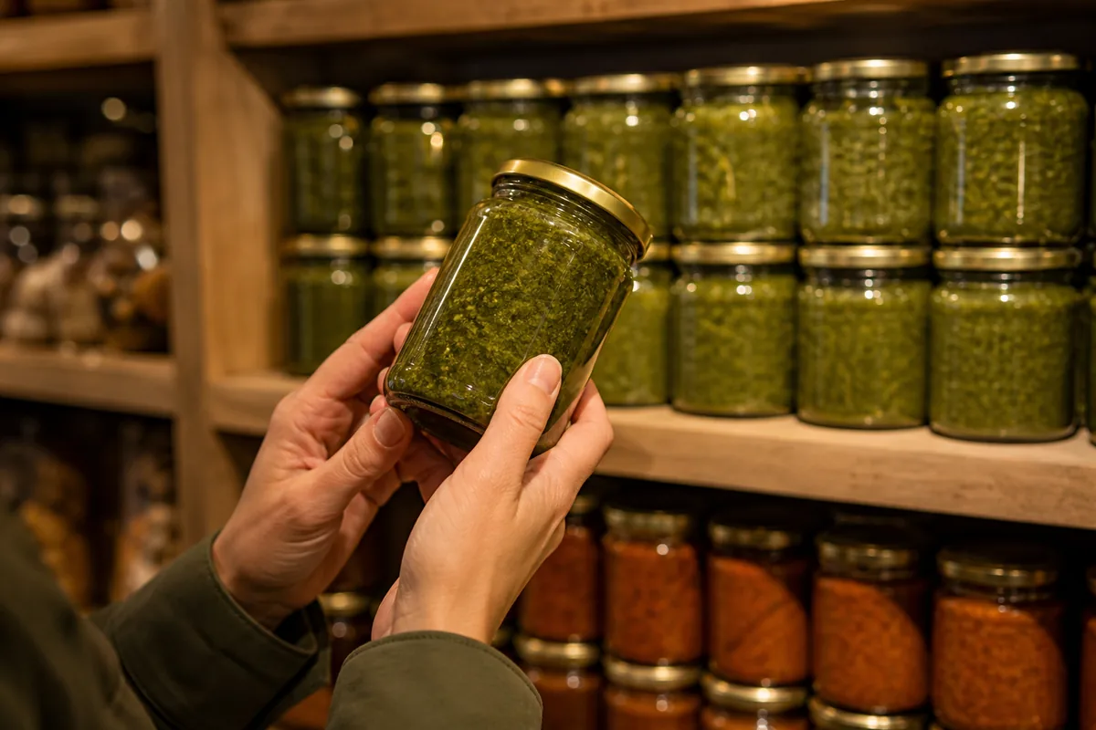 Pots de sauce verte alignés sur une étagère d&rsquo;épicerie, mains tenant un bocal pour lire la liste d&rsquo;ingrédients