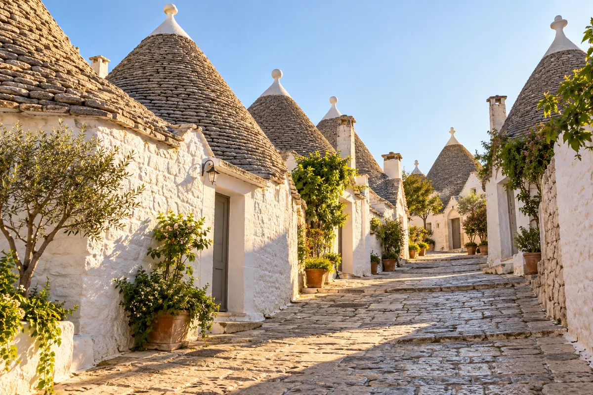 Toits coniques en lauses grises des trulli d’Alberobello au-dessus d’une ruelle blanchie à la chaux