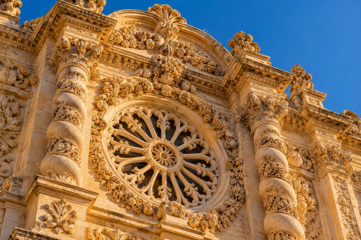 Détail d’une façade baroque sculptée dans la pierre dorée de Lecce