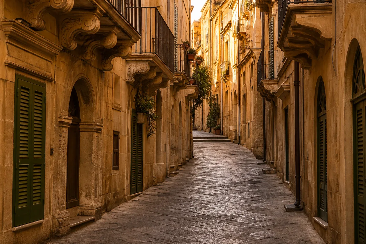 Ruelle baroque déserte aux façades ocre en fin d’après-midi