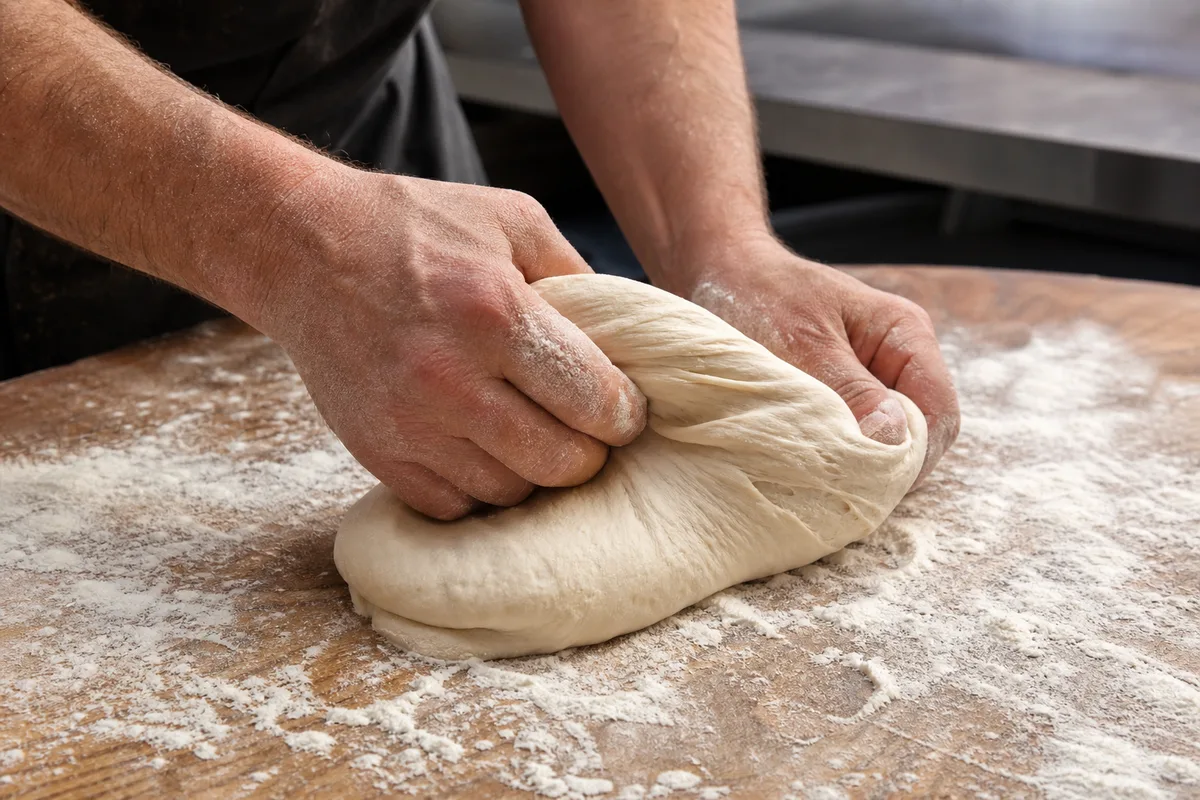 Mains d&rsquo;un pizzaiolo pétrissant une pâte claire sur un plan de travail en bois fariné