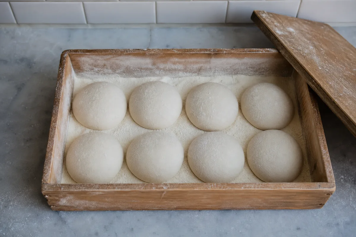 Pâtons ronds farinés au repos dans une caisse de pousse en bois
