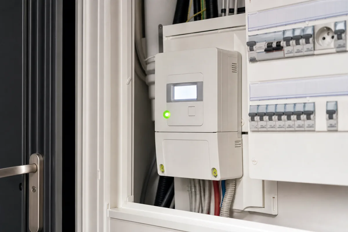 Compteur électrique Linky affiché dans un intérieur français, relevé de consommation en cours
