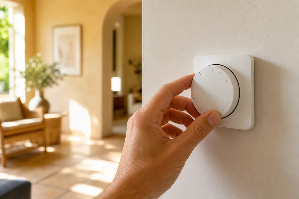 Personne réglant un thermostat programmable mural dans un salon lumineux d&rsquo;un logement français