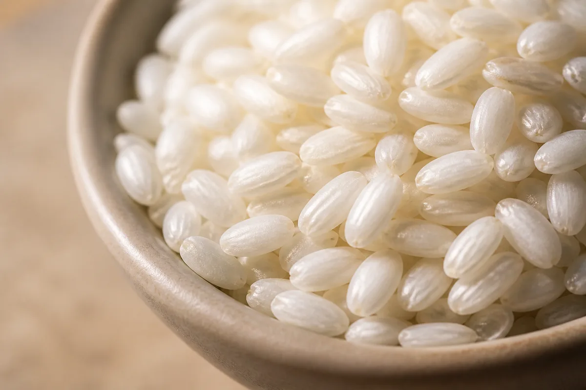 Grains de riz blanc court et trapu photographiés de très près dans une coupelle en céramique unie