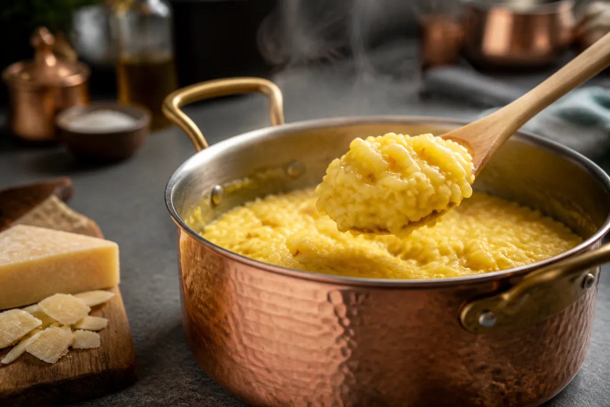 Cuillère en bois soulevant un risotto crémeux dans une casserole en cuivre posée sur un plan de travail en pierre