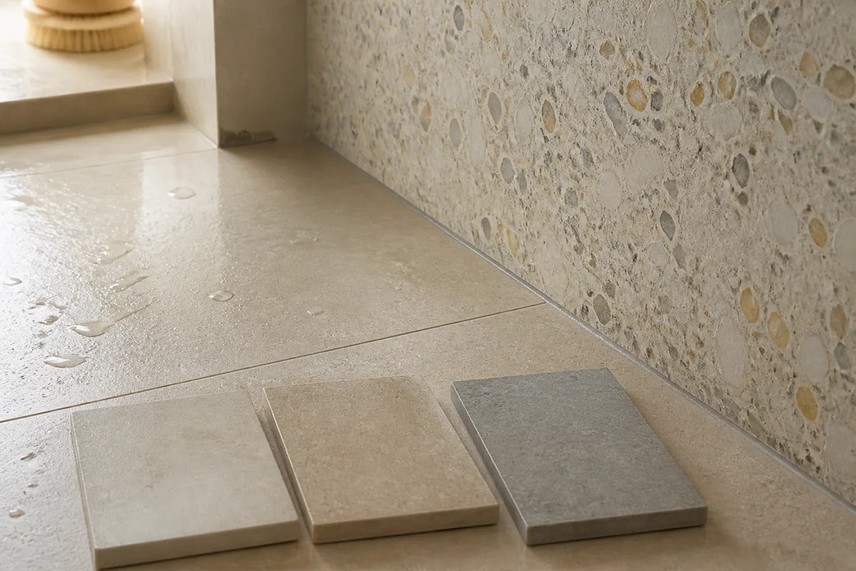 Sol en travertin beige et paroi de terrazzo à éclats de marbre dans une salle d&rsquo;eau baignée de lumière naturelle