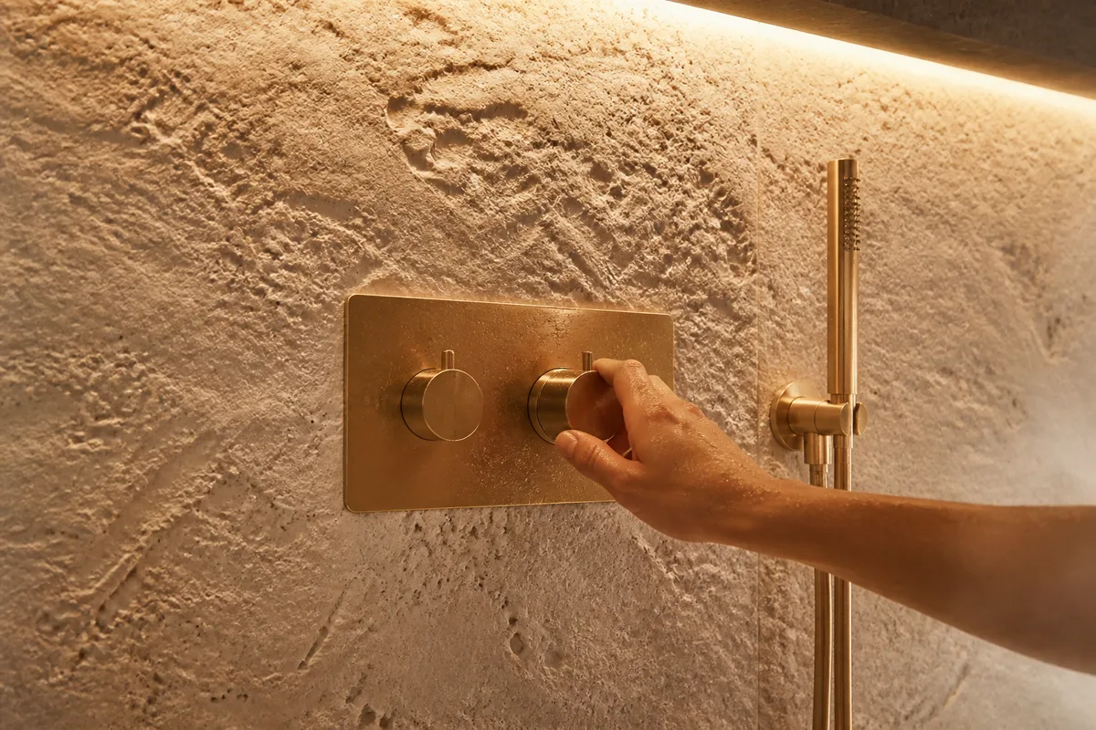 Mitigeur thermostatique encastré et bandeau lumineux rasant révélant le relief d&rsquo;un mur de pierre claire dans une douche