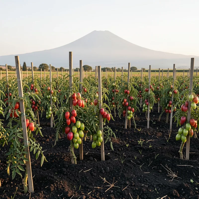 Champ de tomates allongées mûrissant sur tuteurs devant un relief volcanique dans une plaine du sud de l&rsquo;Italie