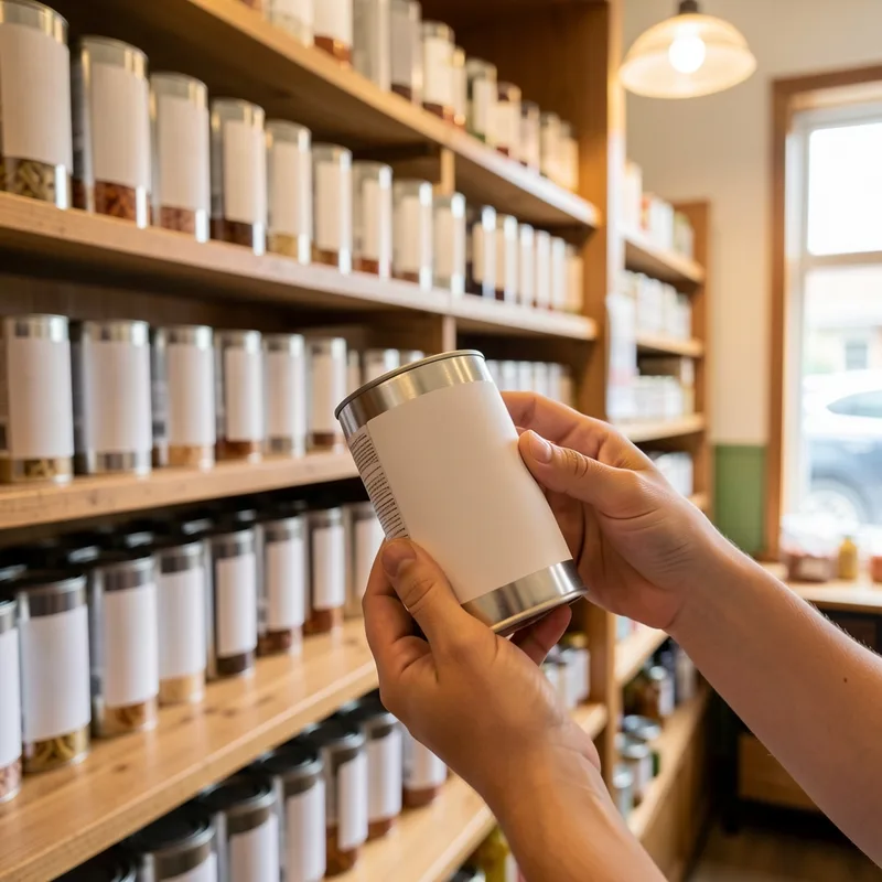 Boîtes de conserve alignées en rayon d&rsquo;épicerie fine, mains tenant une conserve pour lire l&rsquo;étiquette de près