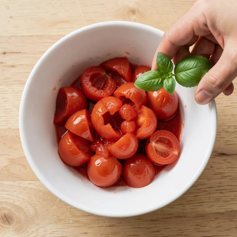 Fruits de tomates pelées entières écrasés à la main dans un saladier en céramique, feuille de basilic posée à côté