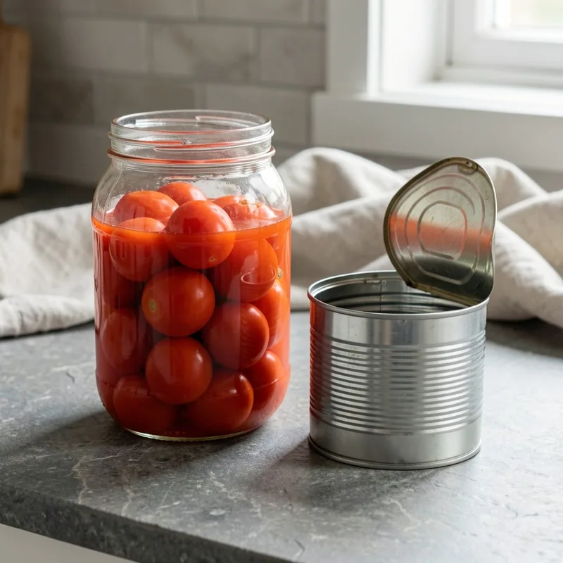 Bocal en verre et boîte de conserve ouverte posés sur un plan de travail en pierre, tomates entières visibles dans leur jus