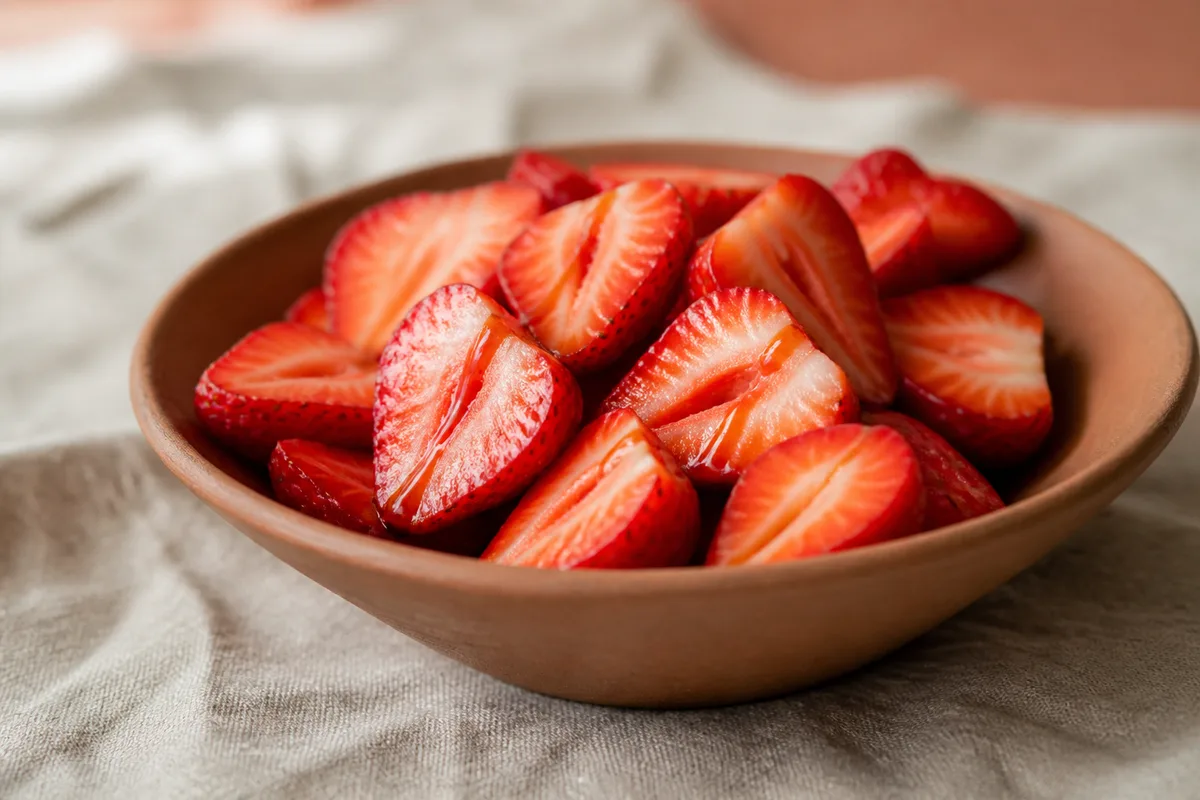 Fraises coupées dans un bol en terre cuite sur une nappe de lin uni